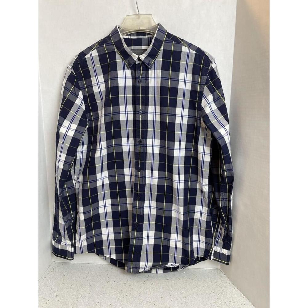 Zara Man Blue/White Plaid Long Sleeve Shirt Size M Slim Fit